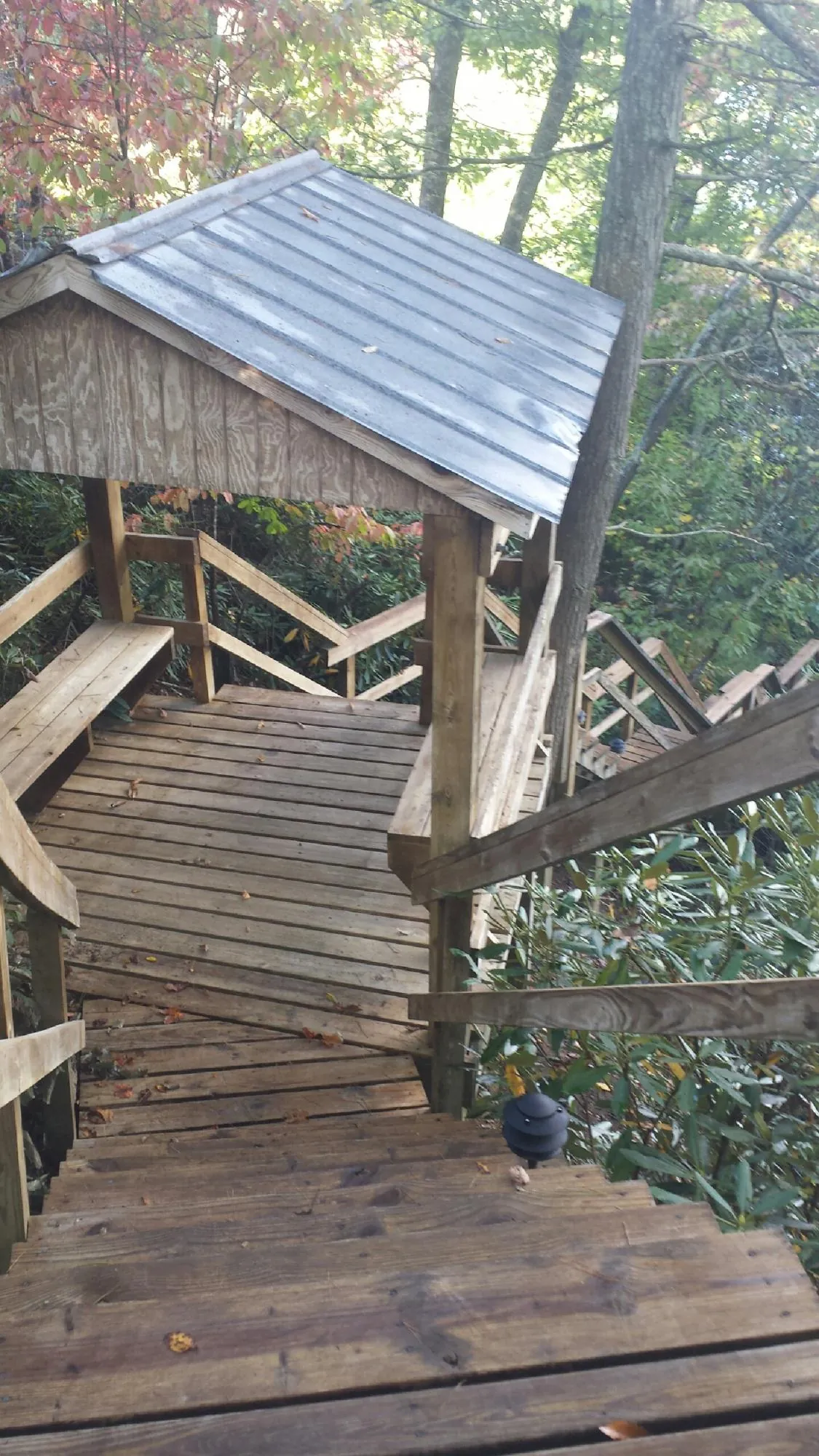 Metal roofed shelter over wooden steps on a wooded walkway — Skylight Repair & Installation work by our crew in Emigrant